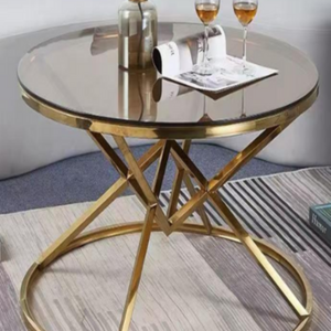 Diamond Loop Round Table – Shiny Gold Stainless Steel & Clear Glass