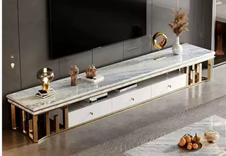Gold Marble TV Unit in Stainless Steel, 200×40×45 cm – Modern Luxury Design