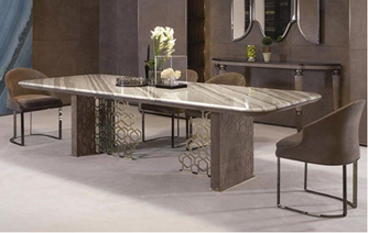 Excelsior Dining Table by Longhi – Marble Top with Titanium Gold Stainless Steel & Fabric Details (220 × 100 × 75 cm)