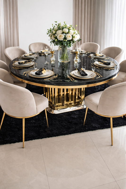 Charlotte Gold Dining Table – Round Marble Top, Titanium Gold Finish (Ø130 × 75 cm)
