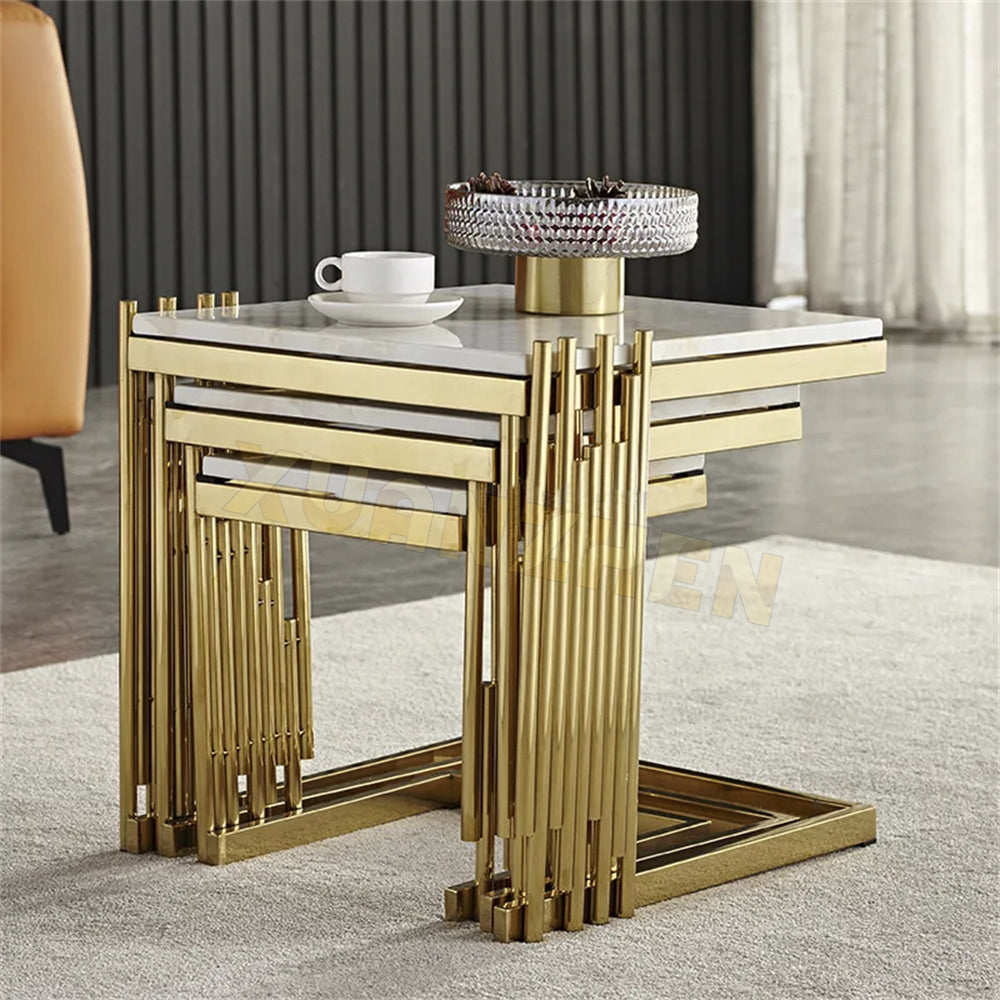 Luxury Nesting Side Table Set – Marble Top with Shiny Titanium Gold Stainless Steel Frame
