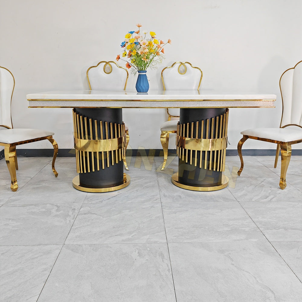 Double Ring Gold Dining Table – Marble Top with Titanium Gold Stainless Steel Base (220 × 100 × 75 cm)