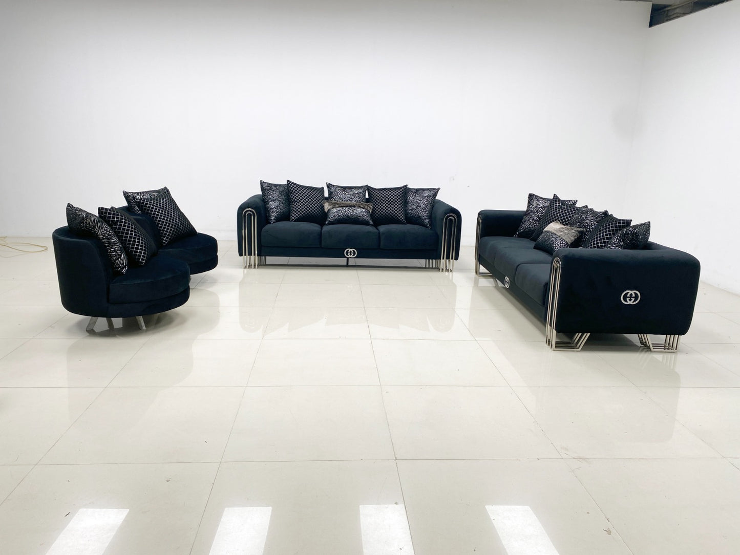 Royal Eclipse Sofa Set Black with Silver Legs and Armchair Luxury Seating