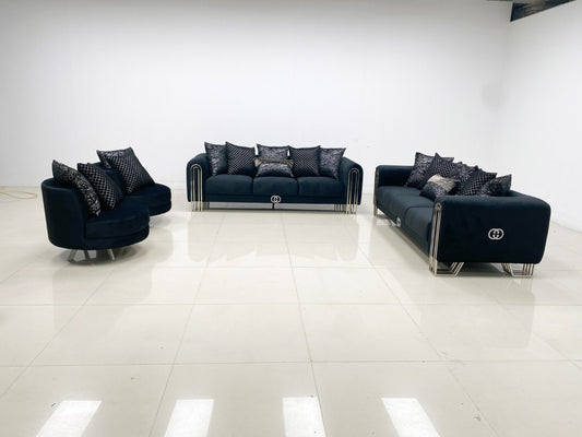 Royal Eclipse Sofa Set Black with Silver Legs and Armchair Luxury Seating